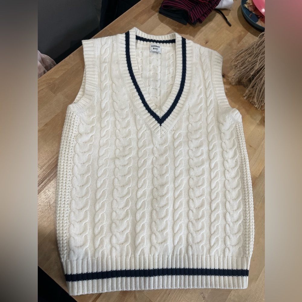 Aritzia Cream Cable Knit Vest with Black Trim